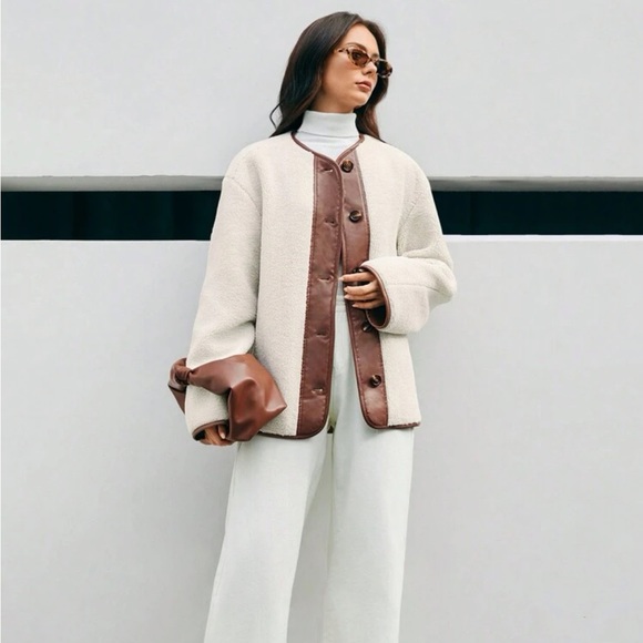 Contrast ivory & brown button front teddy faux Sherpa overcoat jacket cardigan - Picture 5 of 8